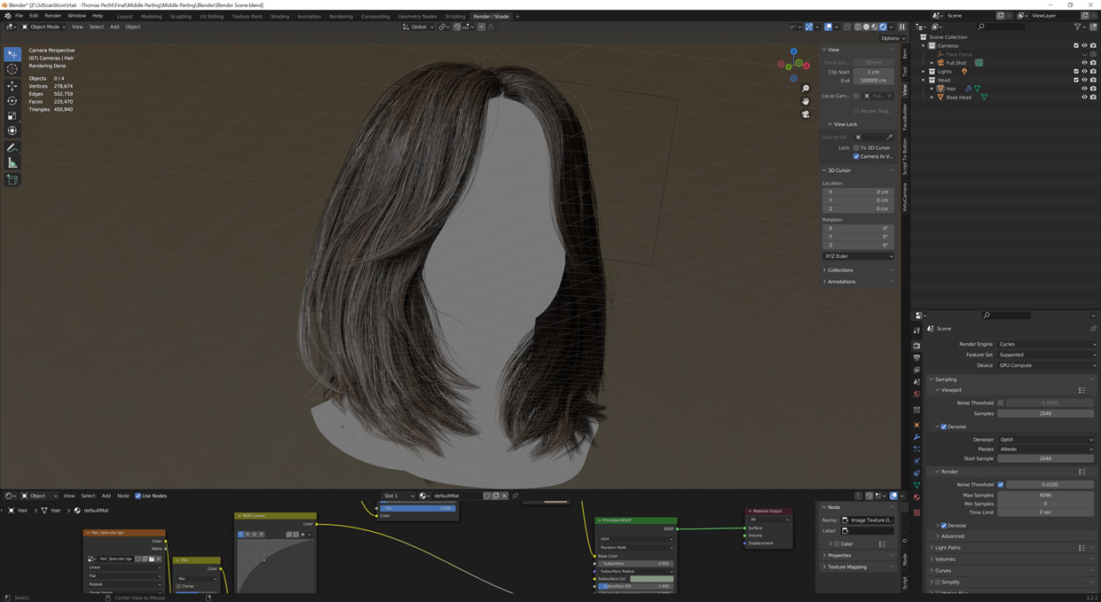 Blender workspace showcasing a real-time polygonal female hair mesh with middle parting, displayed with detailed node setup for realistic rendering. Ideal for HD and SD 3D head scans, this hair model is optimized for lifelike visual quality in digital projects.